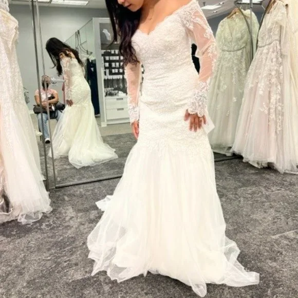 chinese dress ladies David's Bridal Off-the-Shoulder Billow Sleeve Wedding Dress, Women's Size  0, Soft White at Amazon Women's Clothing store main image 0